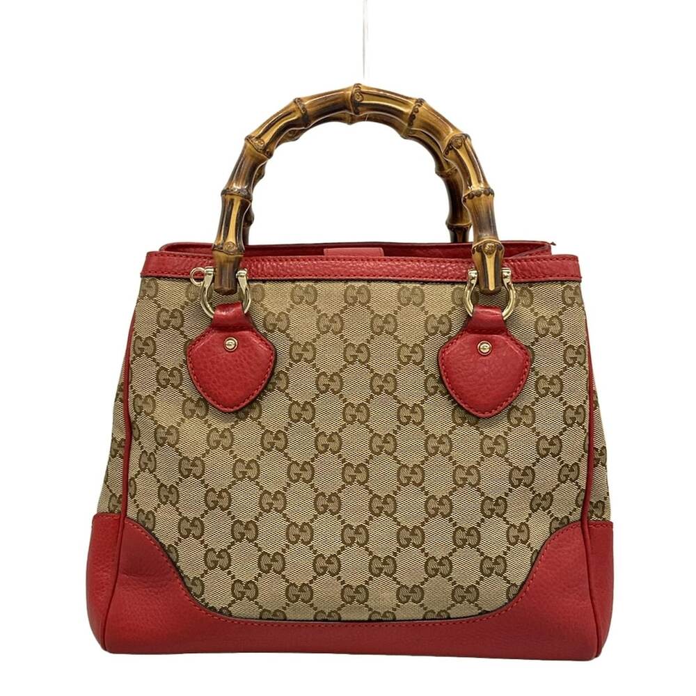 Gucci GG/Bamboo Handbag 308360 Red Beige Dark Brown Jacquard Leather - Picture 1 of 15